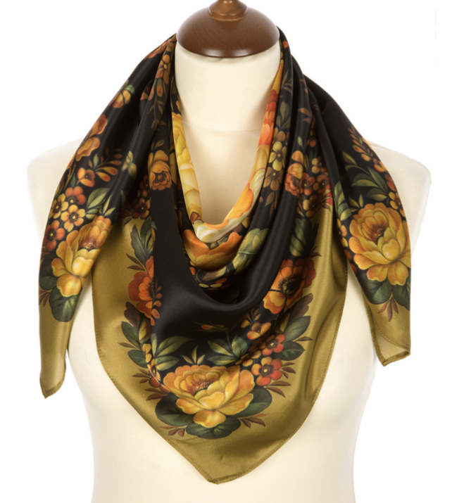 1 foulard "bouquet Zhostovo"  Pavlovoposad 100% soie naturelle